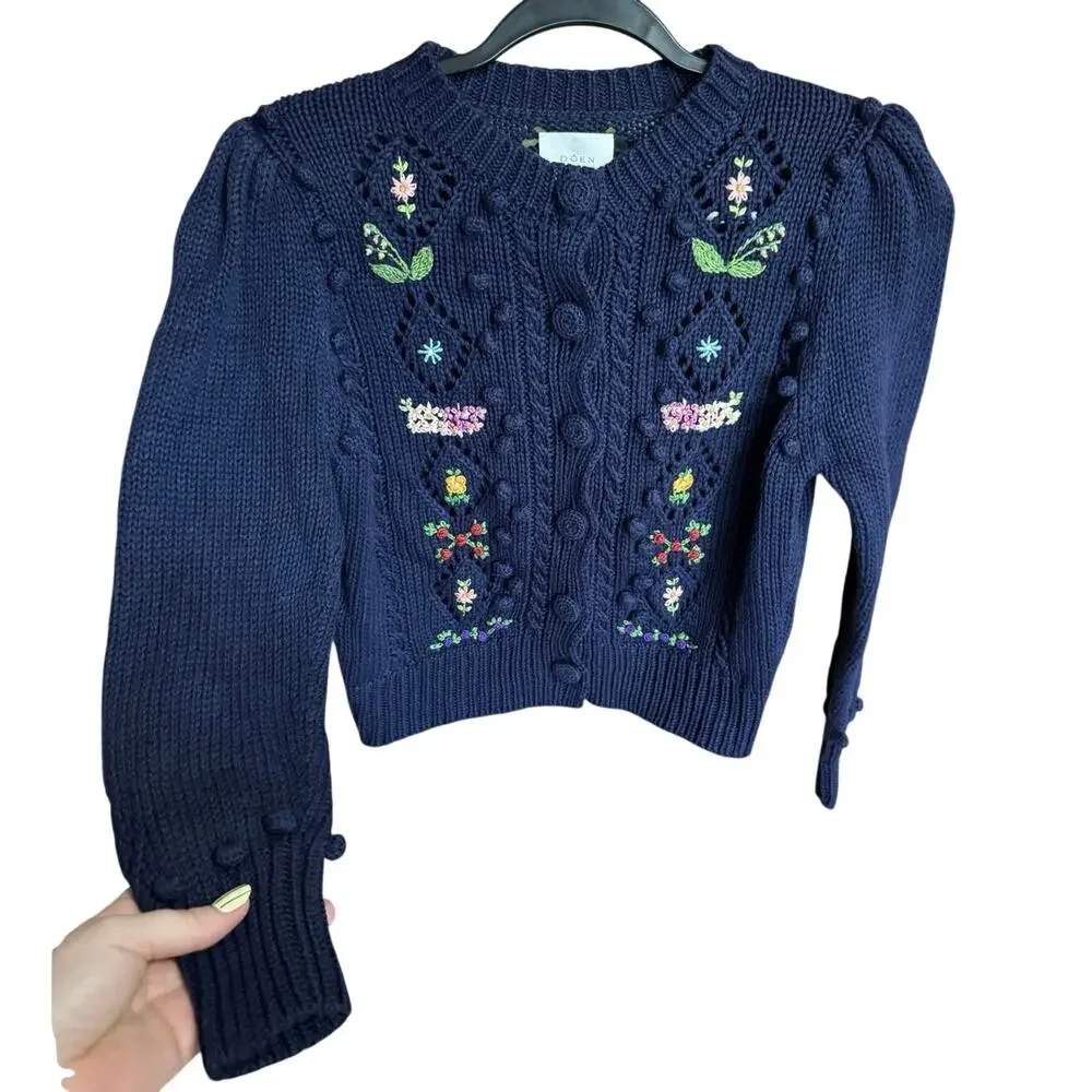 Doen Forget Me Not Cable Knit Floral Cardigan Navy Blue Size Small